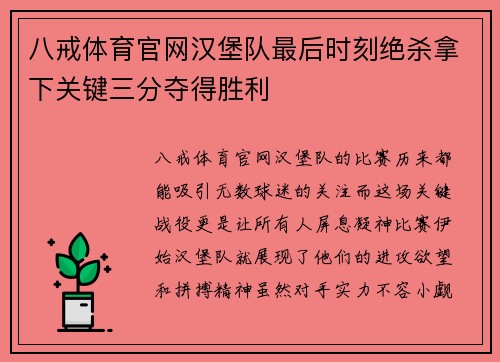 八戒体育官网汉堡队最后时刻绝杀拿下关键三分夺得胜利
